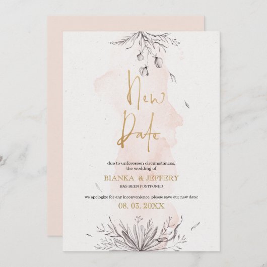 新しい日付、黒とピンクの花 案内状 (正面/裏面)