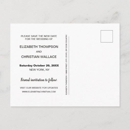新しい日程での結婚式を救おう! モダンなデザインのポストカード 案内ポストカード (裏面)