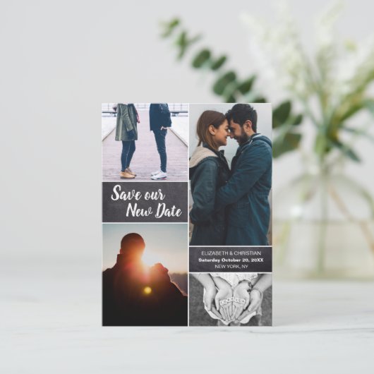 新しい日程での結婚式を救おう! モダンなデザインのポストカード 案内ポストカード (スタンド正面)