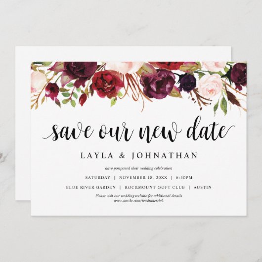 新しい日程を保存しよう、結婚式の日程変更 招待状 (正面/裏面)