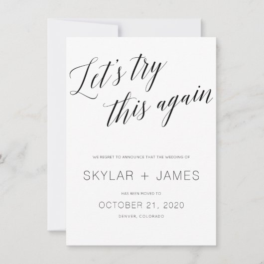 新しい日程を保存しよう。結婚式延期のお知らせカード 招待状 (正面)