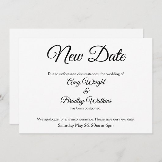 「新しい日程」エレガントな延期結婚式のお知らせ 招待状 (正面/裏面)
