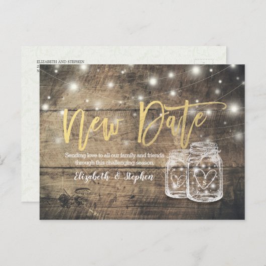 新しい日結婚付の延期メイソンjar木製ライト 案内ポストカード (正面/裏面)