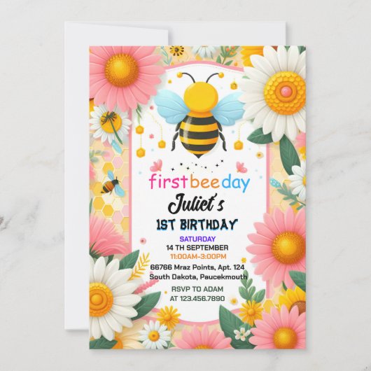 新しい春デイジー黄色の最初の1番目の蜂の日の誕生日 招待状 (正面)