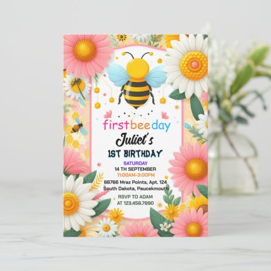 新しい春デイジー黄色の最初の1番目の蜂の日の誕生日 招待状 (スタンド正面)