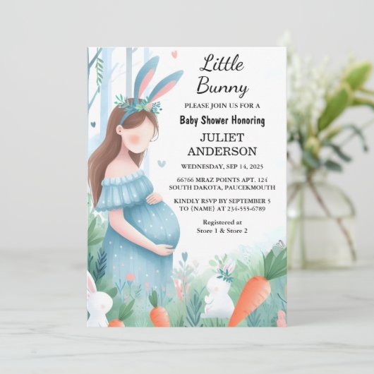 新しい母は耳ホップブルーピンクバニーベビーシャワーになる 招待状 (スタンド正面)