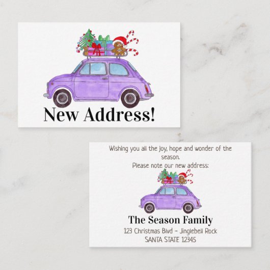 新しい演説紫のフィアト500とクリスマスプレゼント 名刺 (正面/裏面)