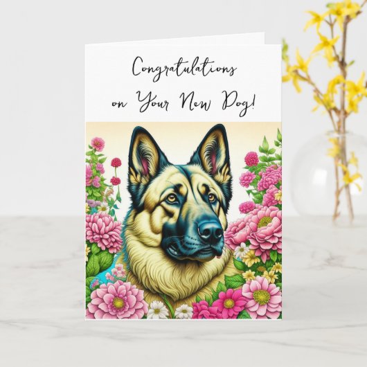 新しい犬のドイツの羊飼いおめでとう カード (黄色い花)