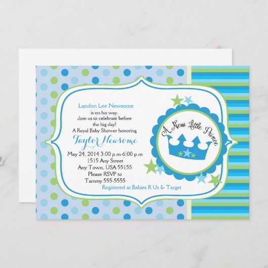 新しい王子様の男の赤ちゃんの招待 招待状 (正面/裏面)