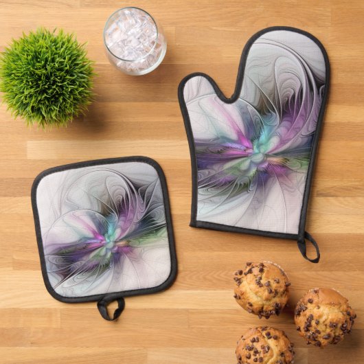 新しい生活、抽象芸術カラフルフラクタル芸術ファンタジー 鍋つかみ&鍋敷きセット (トップダウン)