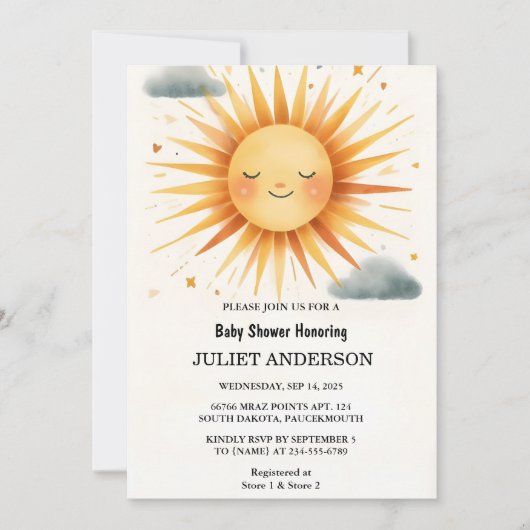 新しい男の子ピンクユニークスカイクラウドサンシャインベビーシャワー 招待状 (正面)