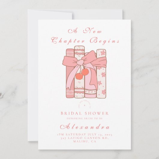 新しい章がさくらんぼボウのピンクのブライダルシャワーを始める 招待状 (正面)