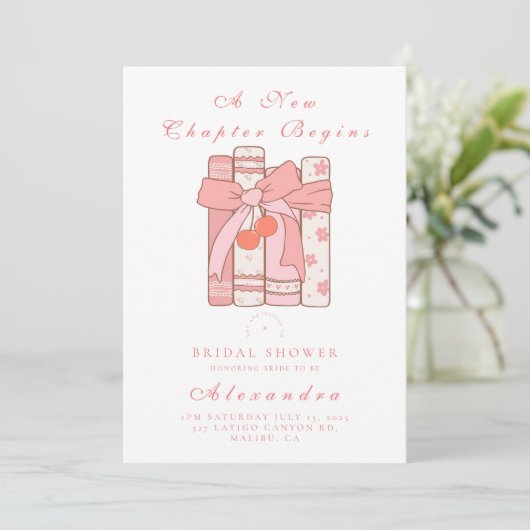 新しい章がさくらんぼボウのピンクのブライダルシャワーを始める 招待状 (スタンド正面)