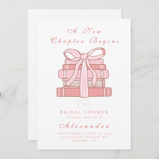 新しい章がピンクの本を始め、弓を引く 招待状 (正面/裏面)