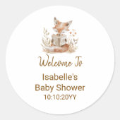 新しい章が始まるキツネストーリーブックベビーシャワー ラウンドシール (正面)