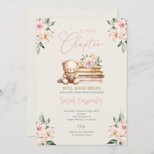 新しい章が始まるテディベア赤ちゃんシャワー少女 招待状 (正面/裏面)