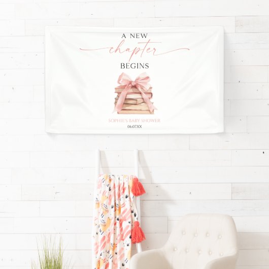 新しい章が始まるピンクのボウ本ベビーシャワー 横断幕 (インサイチュ)