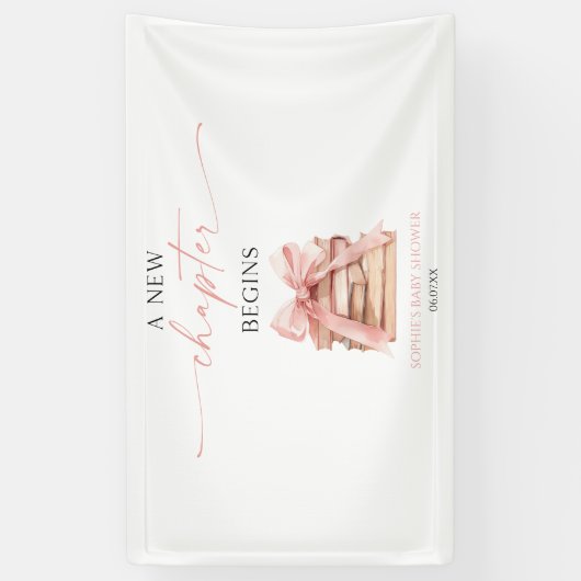 新しい章が始まるピンクのボウ本ベビーシャワー 横断幕 (縦)