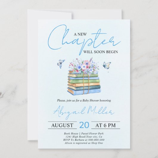 新しい章が始まるフローラブック少年の赤ちゃんシャワー 招待状 (正面)