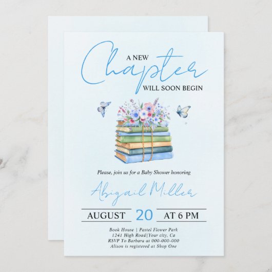 新しい章が始まるフローラブック少年の赤ちゃんシャワー 招待状 (正面/裏面)