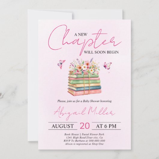 新しい章が始まるフローラ本女の子の赤ちゃんシャワー 招待状 (正面)