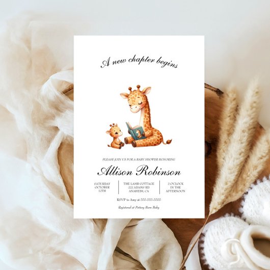 新しい章が始まる本テーマキリン赤ちゃんシャワー 招待状