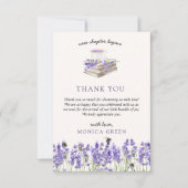 新しい章が始まる本ラベンダーの女の子ベビーシャワー サンキューカード (正面)