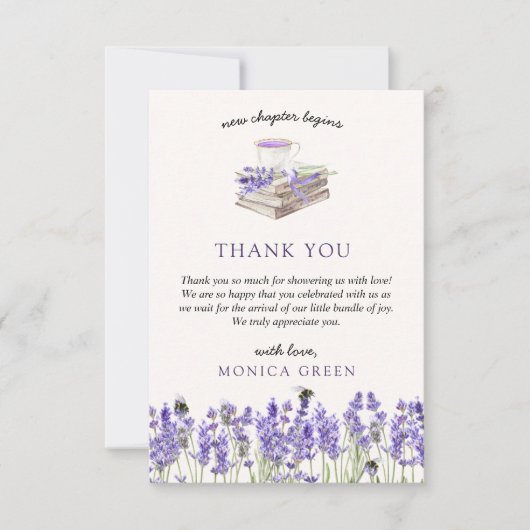 新しい章が始まる本ラベンダーの女の子ベビーシャワー サンキューカード (正面)