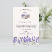 新しい章が始まる本ラベンダーの女の子ベビーシャワー サンキューカード (スタンド正面)