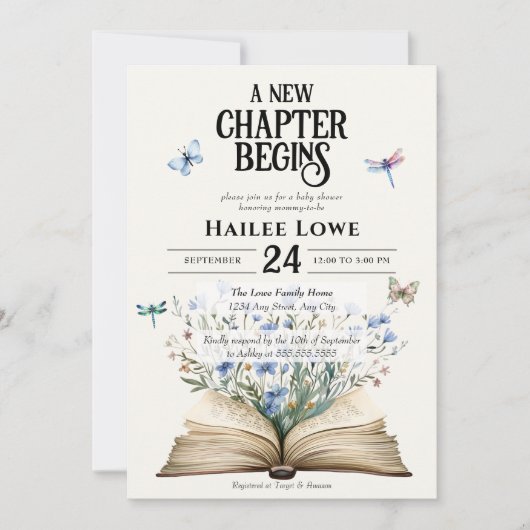 新しい章が始まる赤ちゃんシャワー青い野花 招待状 (正面)