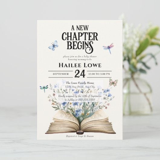 新しい章が始まる赤ちゃんシャワー青い野花 招待状 (スタンド正面)