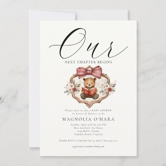 新しい章が始まる ストーリーブック フラワーベイビーシャワー 招待状 (正面)