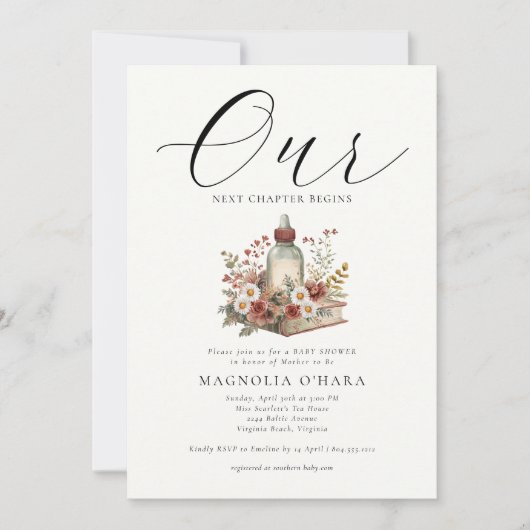 新しい章が始まる ストーリーブック フラワーベイビーシャワー 招待状 (正面)