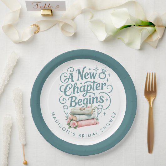 新しい章が始まる ティールグリッターのウェディングシャワーパーティー ペーパープレート (ウェディング)