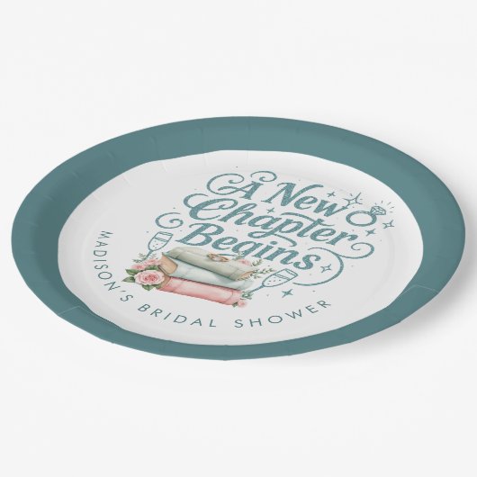 新しい章が始まる ティールグリッターのウェディングシャワーパーティー ペーパープレート (アングル)