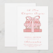 新しい章が始まる ピンクの本とリボン 招待状 (正面/裏面)