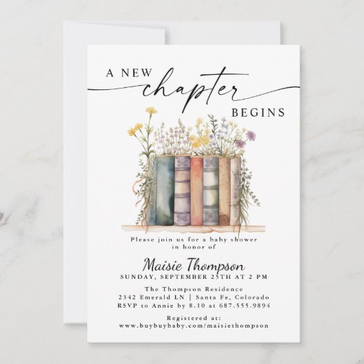 新しい章が始まる ベイビーシャワー、ストーリーブック テーマ 招待状 (正面)