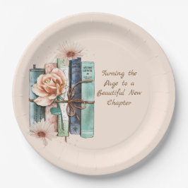 新しい章が始まる 本の積み重ね 花柄 ペーパープレート