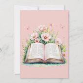 新しい章のピンクの女の子のランチ会の本のベビーシャワー 招待状 (裏面)