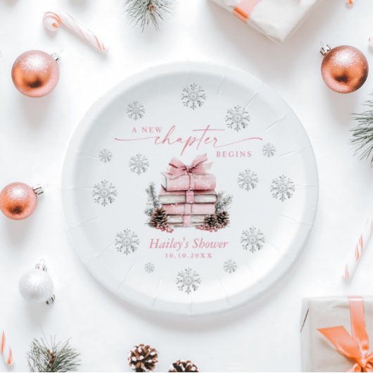 新しい章の始まり、ピンクのリボン冬のベイビーシャワー ペーパープレート