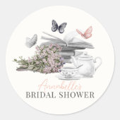 新しい章の始まり ブック バタフライ ピンク ブライダルシャワー ラウンドシール (正面)