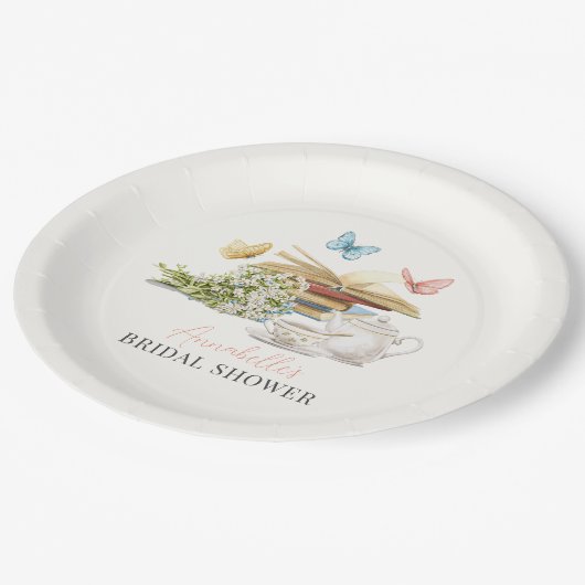 新しい章の始まり ブライダルシャワープレート 蝶々と本のデザイン ペーパープレート (アングル)