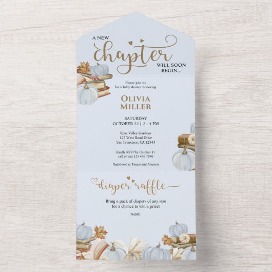 新しい章の本のテーマの男の子ベビーシャワー オールインワン招待状 (内側)