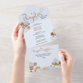 新しい章の本のテーマの男の子ベビーシャワー オールインワン招待状