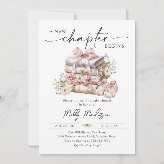 新しい章の花ピンクのリボン絵本ベイビーシャワー 招待状 (正面)