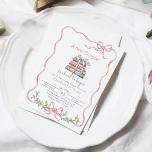 新しい章 ピンクの蝶結びのワイルドフラワー ベビーシャワー 招待状