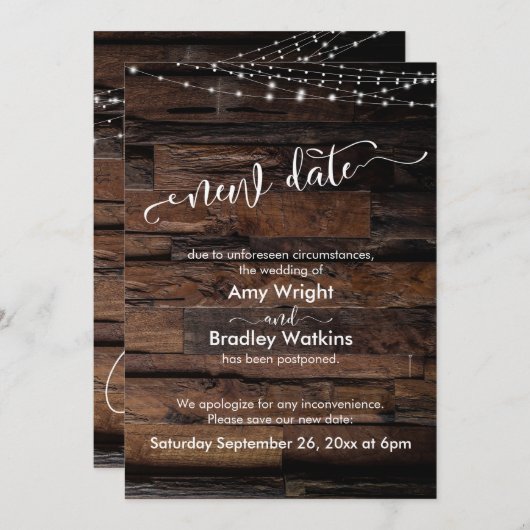 新しい素朴日付が延期されたカー結婚ド付き 招待状 (正面/裏面)