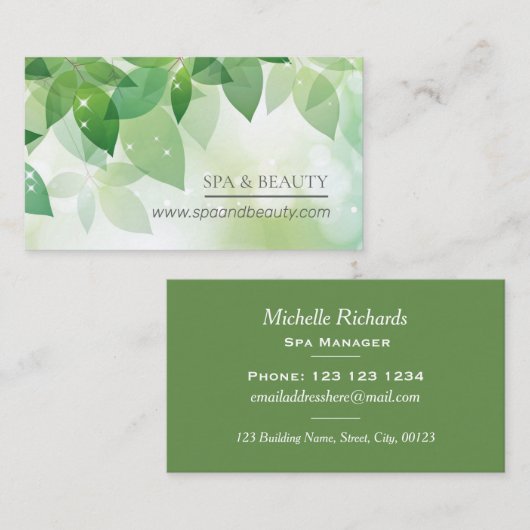 新しい緑の葉の輝きのスパ及び美しい 名刺 (正面/裏面)