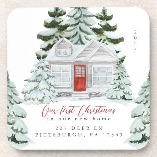 新しい自宅住所と年の初めてのクリスマス コースター (正面)