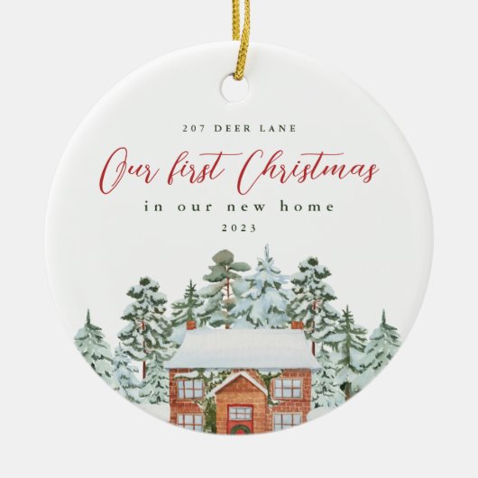 新しい自宅住所と年の初めてのクリスマス セラミックオーナメント (正面)